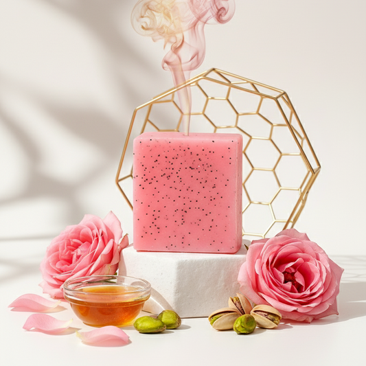 Pink soap bar with roses and honey on a white background